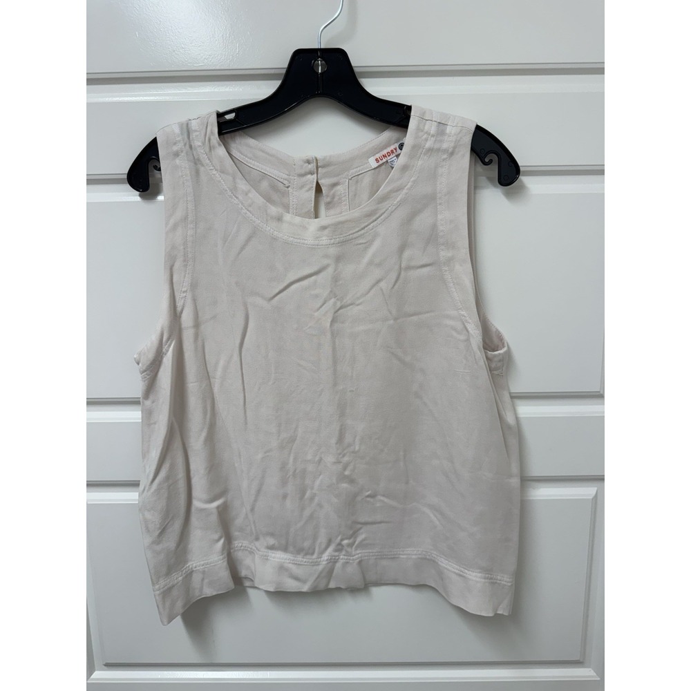 Sundry Women Boho Sleeveless Rayon Blouse White Back Buttons Yellow Trim Large